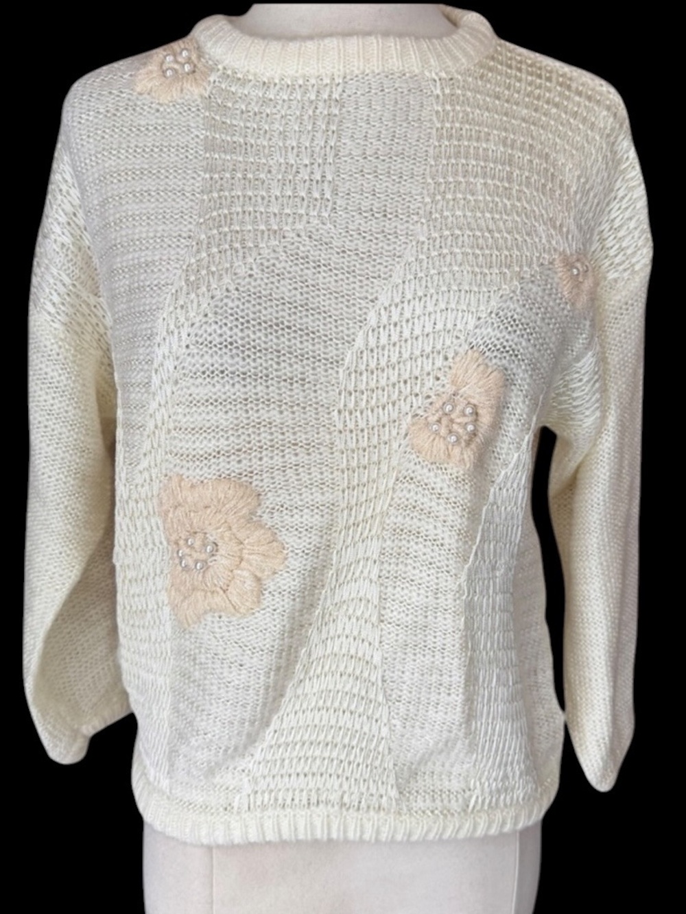 NWOT 1980s Mariea Kim Beaded Floral Nylon/Acrylic Sweater